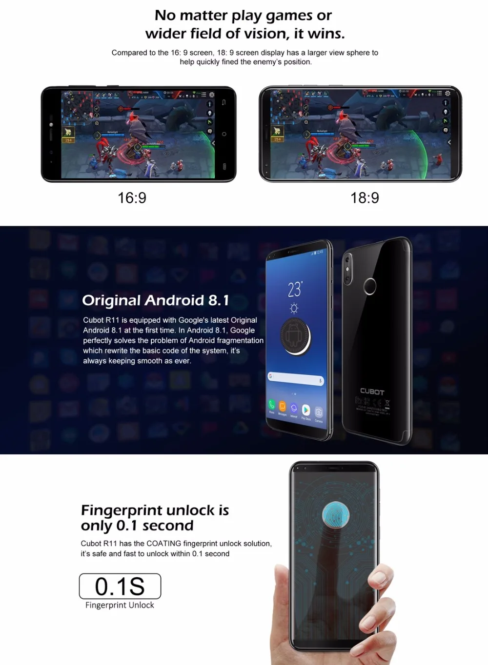 CUBOT R11 Смартфон Android OS 8 1 5 &quot1440x720 HD + Экран MTK6580 4 ядра 2 ГБ 16 Встроенная память 3g 13.0MP