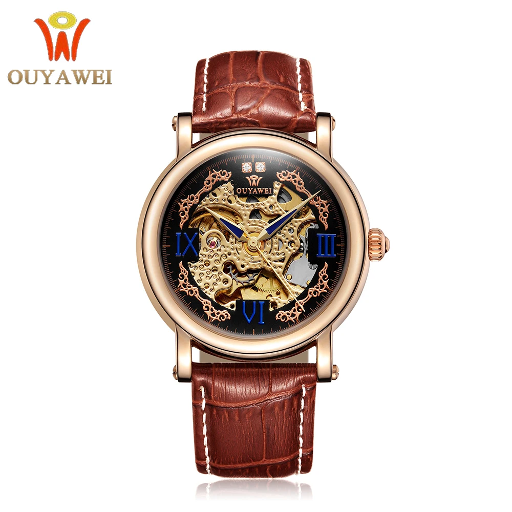 OUYAWEI винтажный дизайн мужские часы Скелет циферблат розовое золото Бабочка