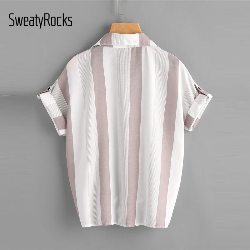 SweatyRocks плюс полосатая блузка с карманами спереди, с закатанными рукавами, уличная одежда с узлом спереди, топы, летние повседневные женские блузки