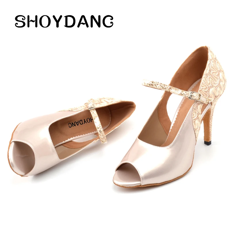 

SHOYDANC Salsa Dance Shoes Latin Women Apricot PU and Lace Ballroom Dance Shoes High heel 10cm Tango Latin Dance Shoes