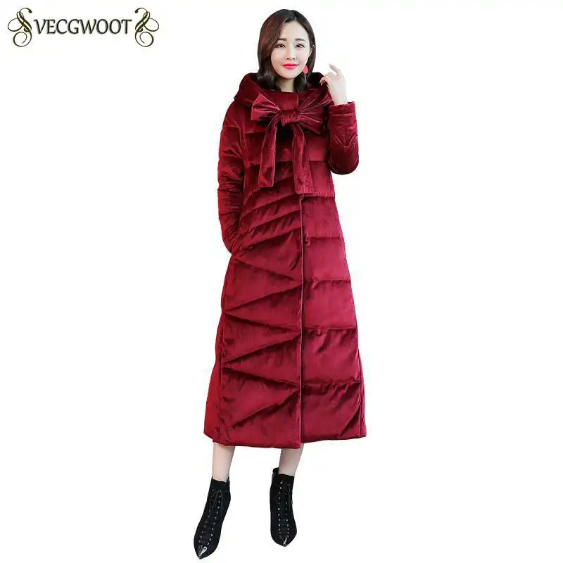 Тонкая Длинная зимняя куртка женская пуховая парка 2020 Золотая Бархатная