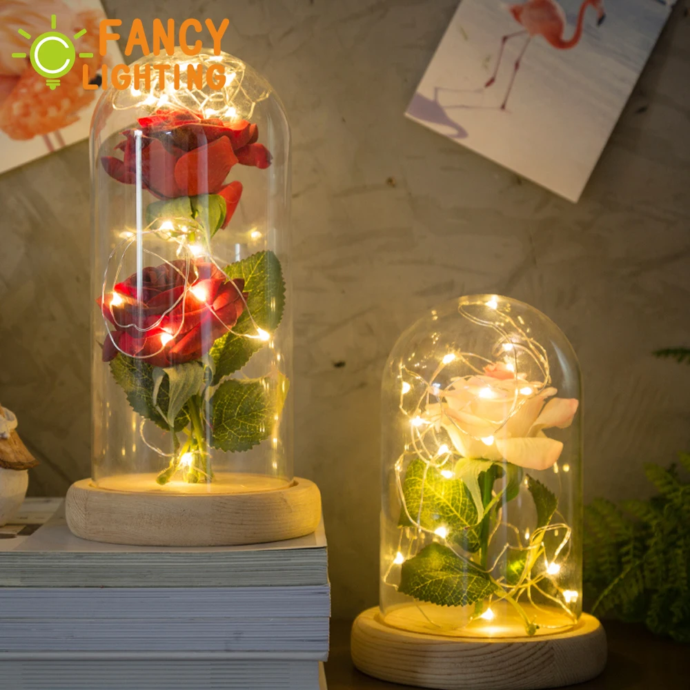 Красная/Розовая роза Ночная лампа с деревянной основой романтическая