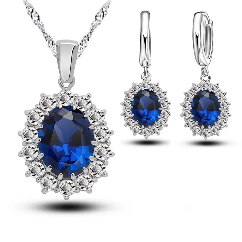 

Bridal Wedding Jewelry Sets Women Crystal 925 Sterling Silver Blue Cubic Zircon Engagment Earrings Pendant Necklace Set