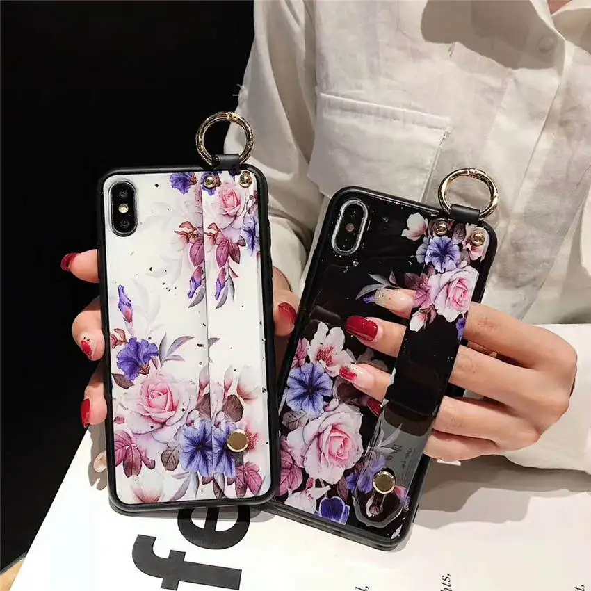 Soft Phone Back Cases For iPhone XR XS MAX 6s 8 7 Plus Luxury Retro Rose Flower Pattern Holder Stand Covers With Wristband Coque |