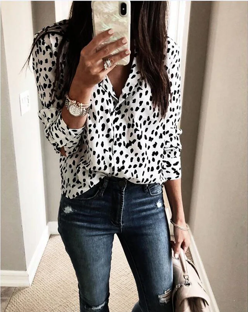 Leopard Blouse Women Long Sleeve Shirts Spring Summer 2019 Fashion V-Neck Blouse Shirt Casual Elegant Womens Tops and Blouses