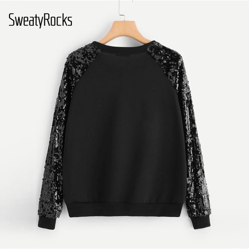 SweatyRocks черный контрастный Блестящий пуловер с длинным рукавом для активных женщин, топы с вырезом лодочкой, Осенние повседневные женские толстовки
