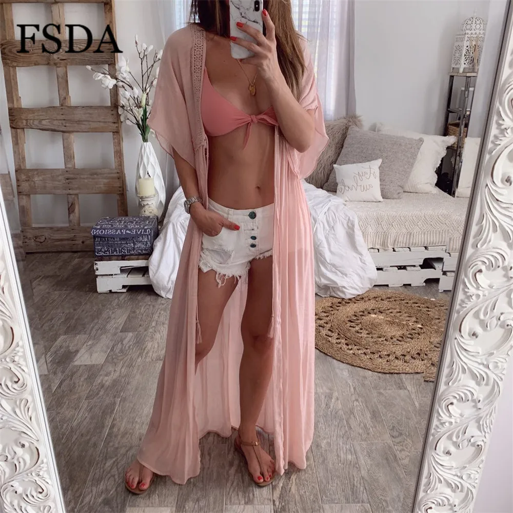 Женское пляжное платье кардиган FSDA хлопковое Свободное с v образным вырезом и