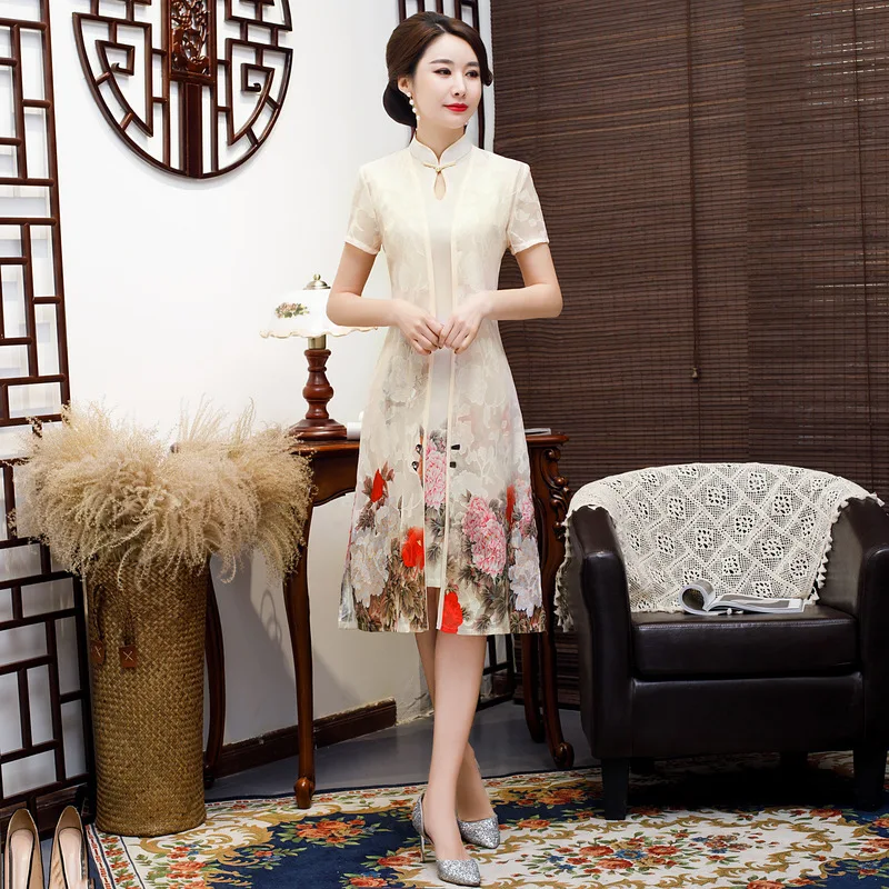 Бежевое винтажное платье в китайском стиле, 2 шт., Aodai Qipao, короткое платье Чонсам с принтом, женское традиционное китайское платье, размер M-4XL