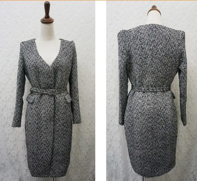 Осенне зимнее элегантное серое шерстяное длинное пальто с v образным вырезом