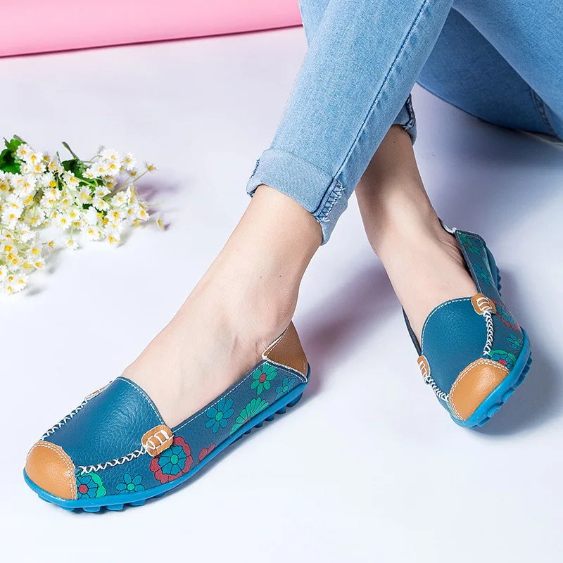 Women flat shoes 2021 new fashion ballet summer flower print women shoes genuine leathe loafers ladies flats shoes woman L132