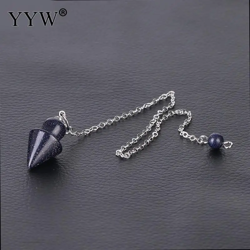 blue sandstone YYW розовый с кварцевым тигровым глазом маятник конус Натуральный Камень Конус Подвески с цепочкой придавая Исцеление ювелирные изделия для женщин мужчин - Окраска металла: blue sandstone