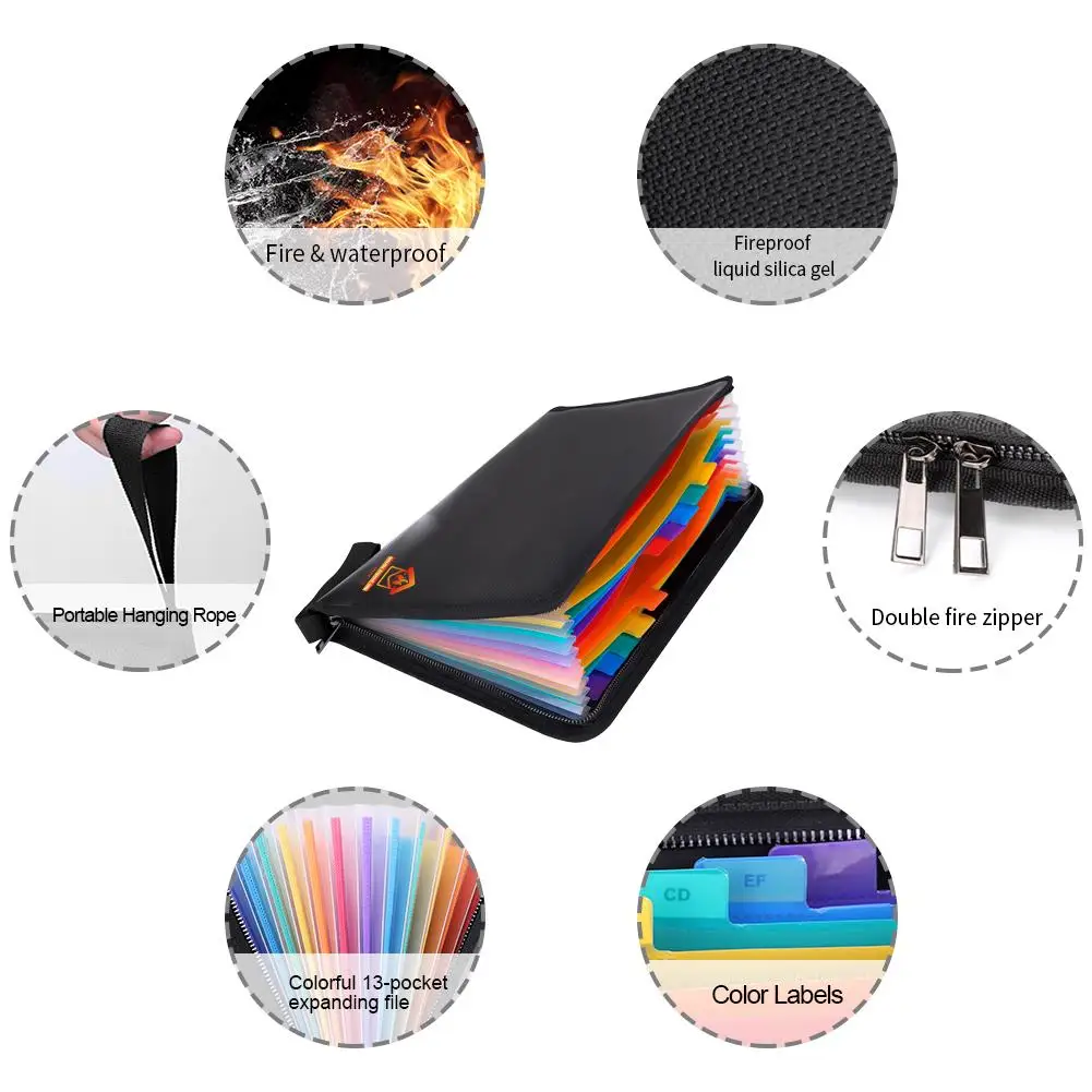

Fireproof Expanding File Folder Document Organizer with Color Labels Zipper Closure Silicone Coated Portable Filing Pouch