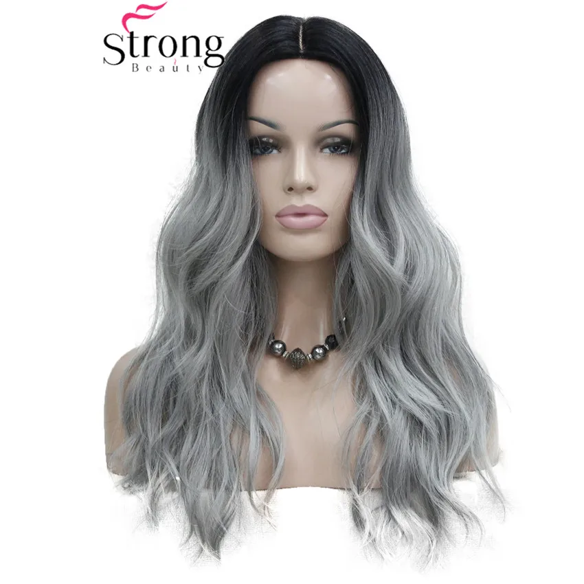 StrongBeauty Heat Ok Ombre Black to Grey Wavy Long Synthetic Wig Not Cut Small Edge Lace Front COLOUR CHOICES
