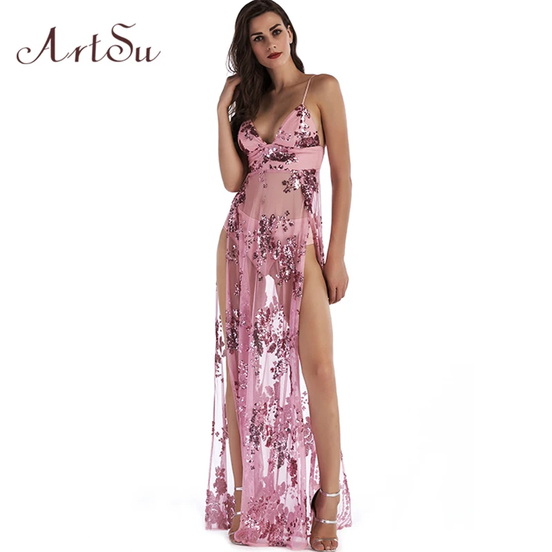 ArtSu модное женское Макси платье Vestido De Festa сексуальное прозрачное с открытой
