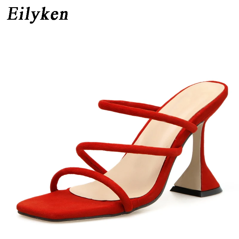 Eilyken/Новинка 2021 года Модные черные и красные мюли Тапочки на высоком каблуке