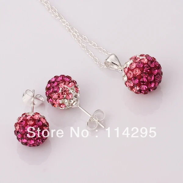 New Shamballa Jewelry Set Unique Gradient CZ Disco Pave Crystal Ball Pendant Necklace+Stud Earrings+925 Silver Chains | Украшения и