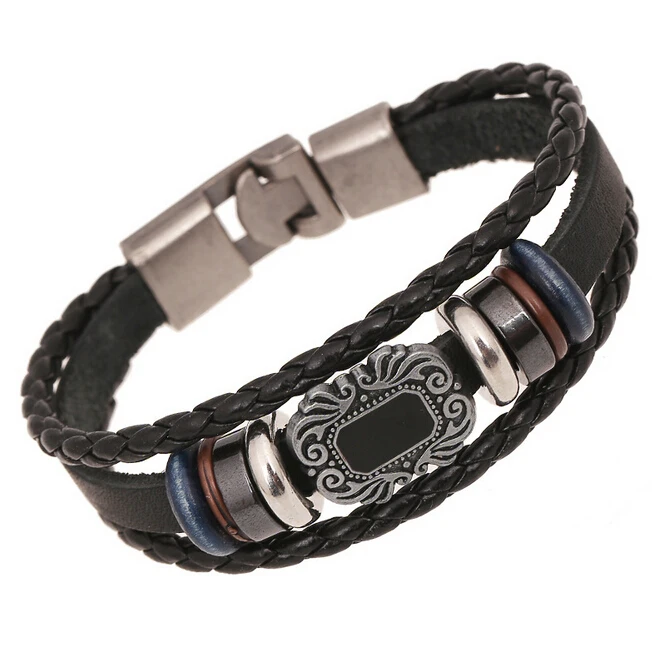 Punk Black Leather Charm Bracelets Vintage Anime Weave Beads Men's Iron Buckle Fashion Jewelry Bangles E18 |
