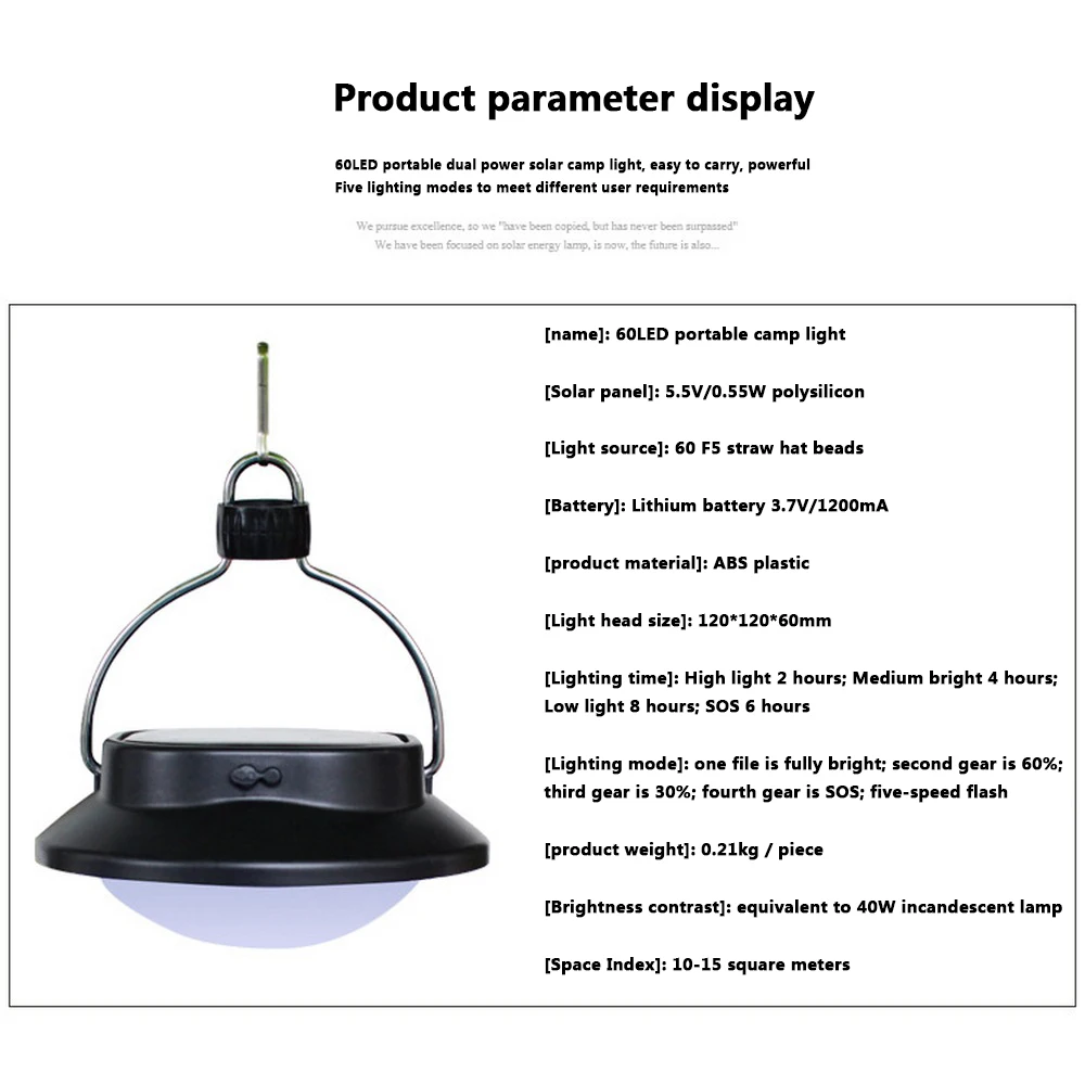Светодиодный 60 Вт солнечный светильник Открытый Двор Пеший Туризм палатки