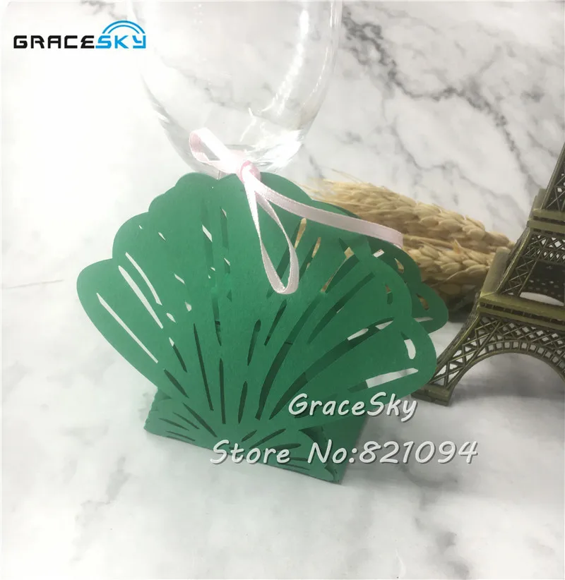 

50pcs Free Shipping Laser cut die Shell design Paper Candy Boxes Christmas Birthday Wedding candy chocolate Boxes Party supplies
