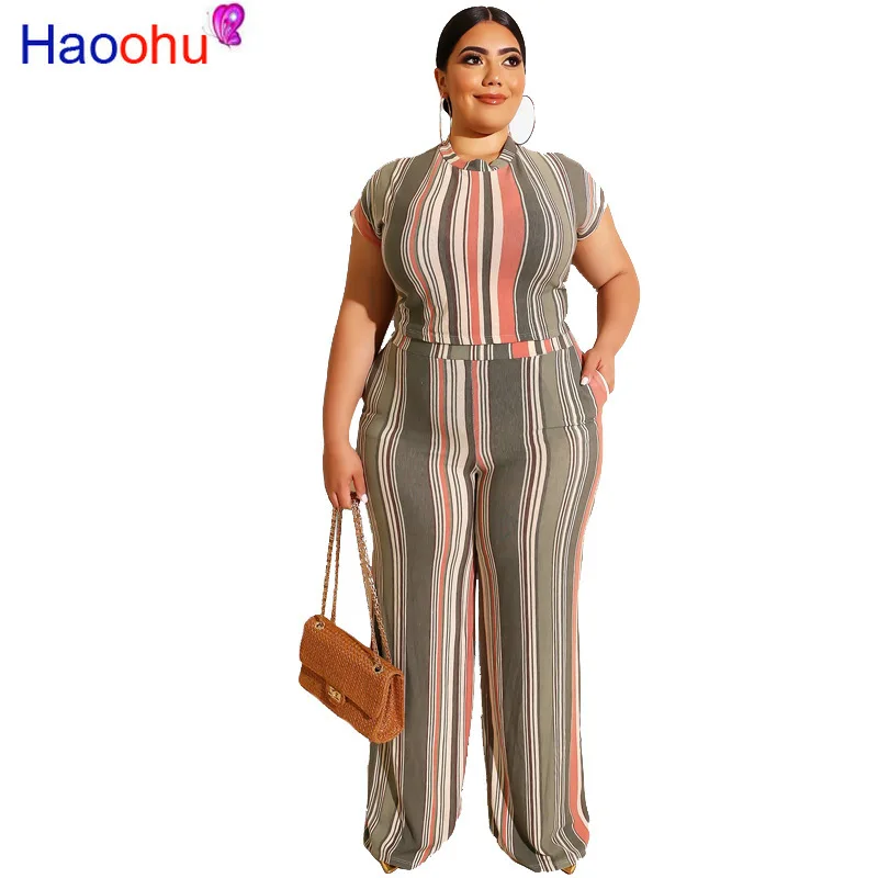 

Summer Casual Style 2 Piece Sets Womens Outfits Printed Stripes Short Sleeves Round Neck Top Straight Type Long Pant Plus Size