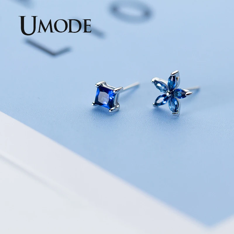 UMODE, новинка, 925 пробы, серебряные серьги для женщин, Голубой квадрат, цветок, серьги-гвоздики, фианит, кристалл, ювелирное изделие, подарок ULE0572