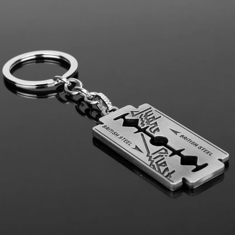 

MQCHUN British Rock Band Judas Priest Razor Blade Shape Keychain Dog Tag Metal Keyring Chaveiro Key Chain For Music Fans Gifts
