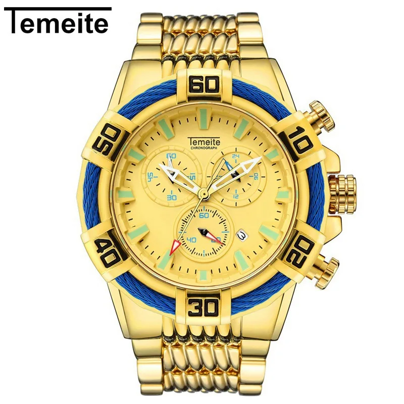 gold TEMEITE Брендовые мужские наручные часы с большим циферблатом многофункциональные Мужские часы военные спортивные водонепроницаемые кварцевые Стальные Креативные мужские часы - Цвет: gold