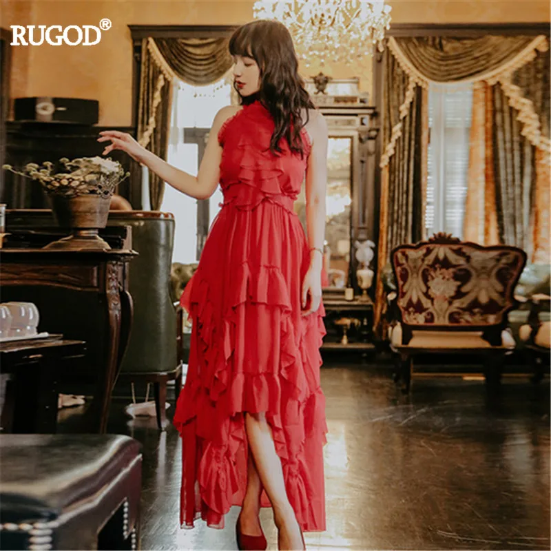 Женское вечернее платье RUGOD красное с асимметричным подолом и оборками длинное