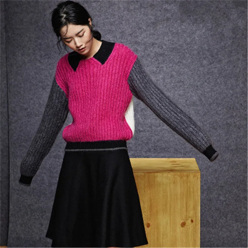 

100% hand made wool Oneck knit women fashion contrast color patchwork H-straight short pullover sweater one&over size
