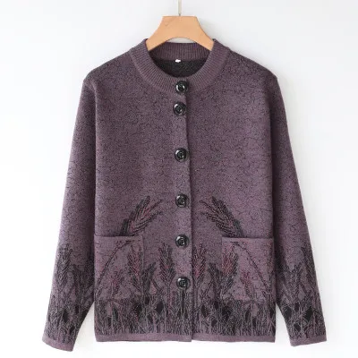 Dark purple Женские вязаные кардиганы для среднего возраста, весенний, осенний, зимний теплый свитер, куртка большого размера с круглым вырезом, пальто-кардиган, повседневные топы 4XL - Цвет: Dark purple