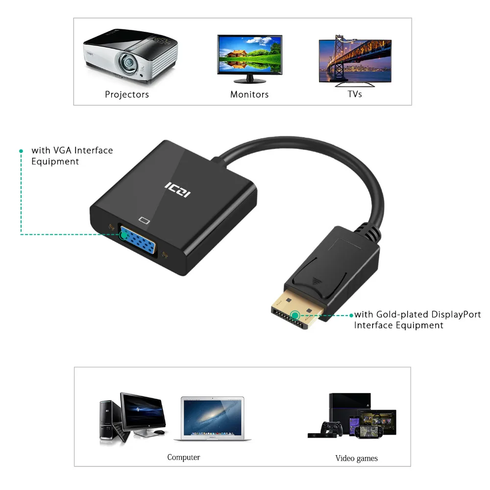 ICZI DP to VGA конвертер DisplayPort адаптер папа мама позолоченный 1080P для ПК ноутбуков