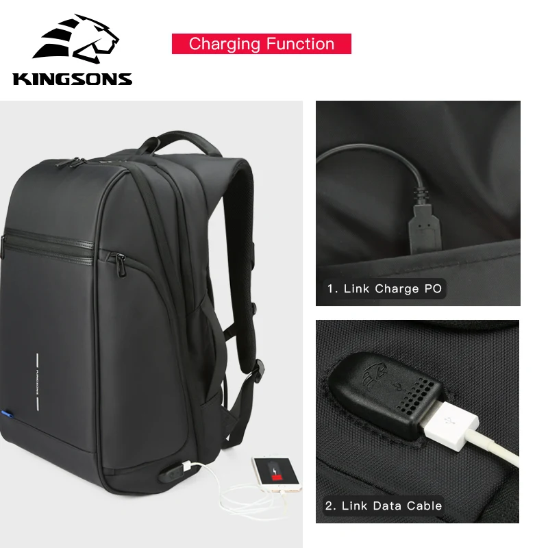 Kingsons мужской рюкзак подходит для ноутбука 15 17 дюймов USB подзарядки многослойный