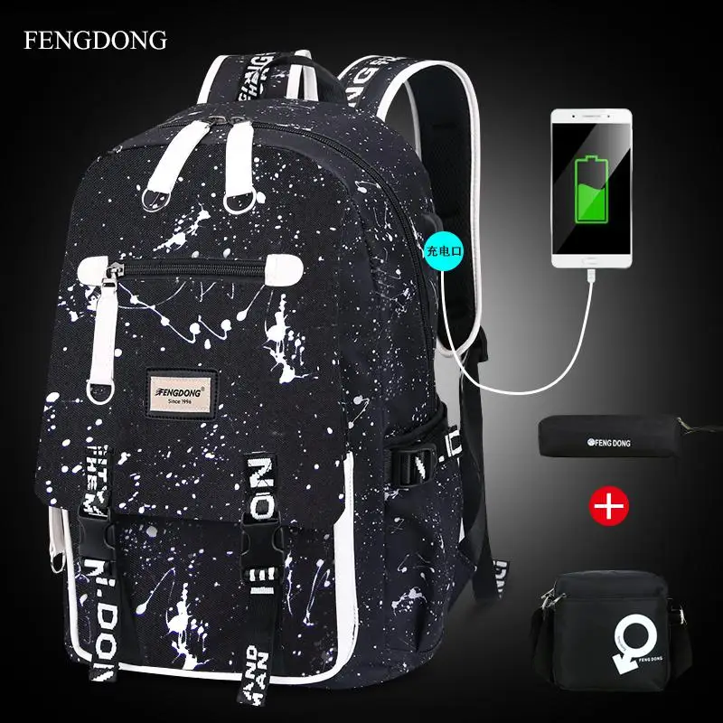 Black bagpack 3 pcs Модный мужской рюкзак, водонепроницаемый рюкзак для школьников, студентов, с принтом, мужской рюкзак для ноутбука, Большой Вместительный рюкзак - Цвет: Black bagpack 3 pcs