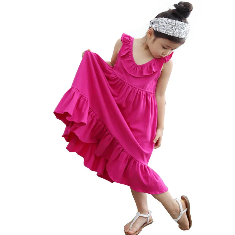 2019 summer Big girls dress cotton ruffle baby girl rose red children's casual beach Maxi vestidos kids teens sundress | Детская