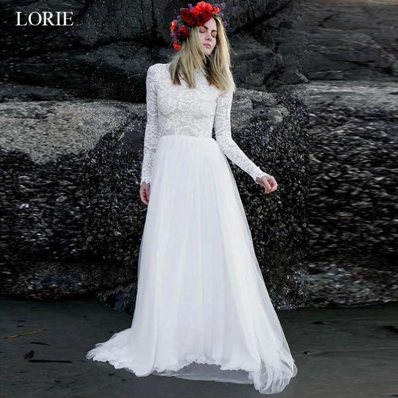 LORIE свадебное платье с длинным рукавом Тюль с кружевом vestido de noiva Белый цвет слоновой кости пляжные свадебные платья на заказ плюс размер