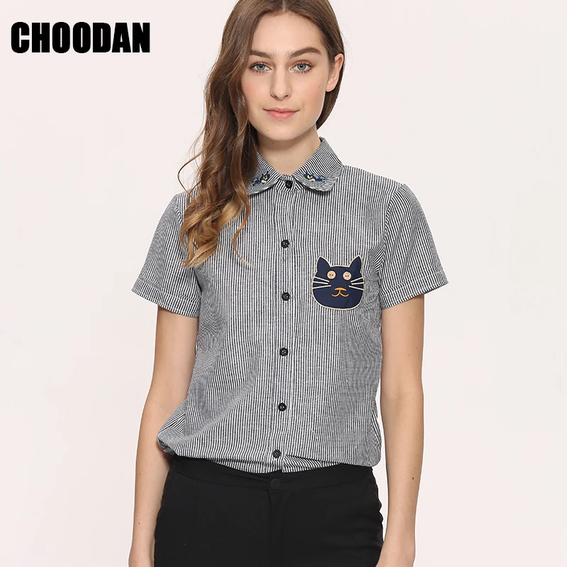 Женская полосатая блузка из хлопка и льна с объемной вышивкой в виде кота Новинка