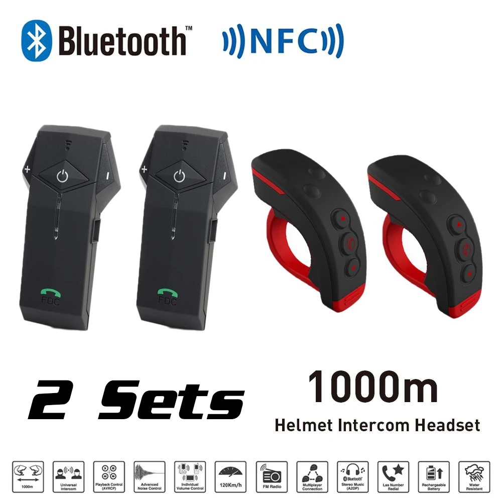 

2 Sets 1000M BT Motorcycle Helmet Bluetooth Intercom Interphone Headset with NFC FM Functon + L3 Remote Control