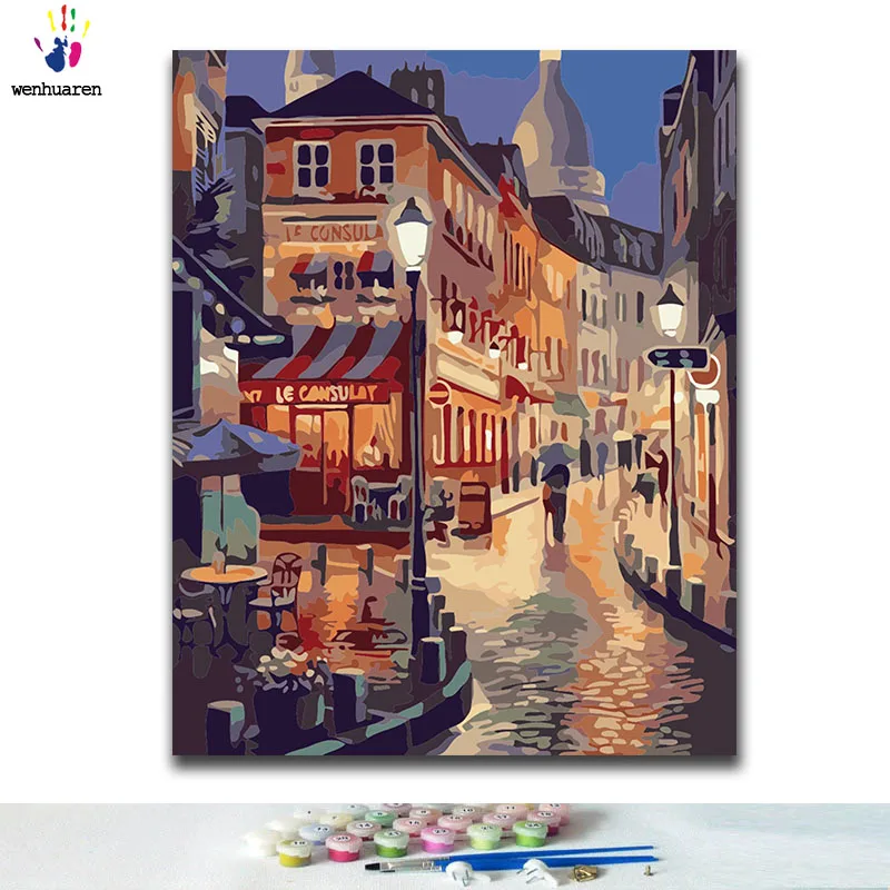 DIY Coloring paint by numbers City street scenery paintings with kits 40x50 framed | Paint By Number Package