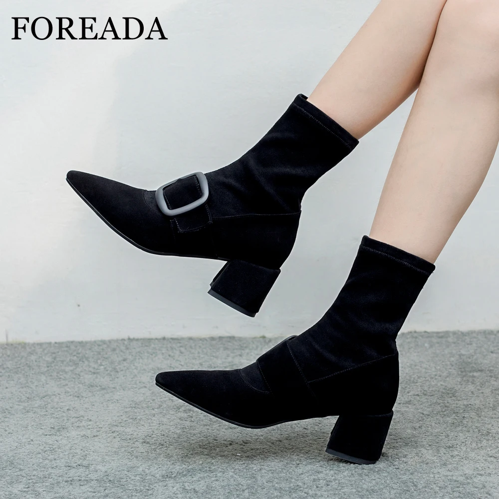 

FOREADA Women Winter Boots Kid Suede Leather Ankle Boots Buckle Block High Heel Sock Boots Pointed Toe Autumn Female Footwear