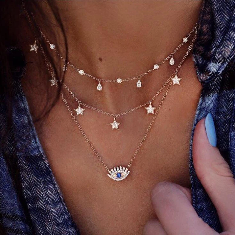 

Vintage Gold Color Crystal Water Drop Star Eye Pendant Necklace for Women Boho Charm Layered Necklaces Collars