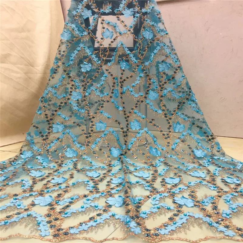 

African Lace Fabric 2019 High Quality Applique Lace beads nigerian lace French Net Tulle Lace Fabric For Party Dress x15-15