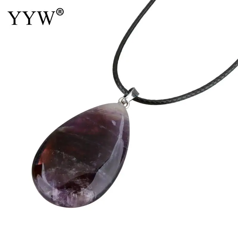 amethyst Лидер продаж YYW женский натуральный драгоценный камень КАПЛЕВИДНАЯ кожа веревочное ожерелье-чокер Малахит кварц опал розовый камень кулон ожерелье s - Окраска металла: amethyst