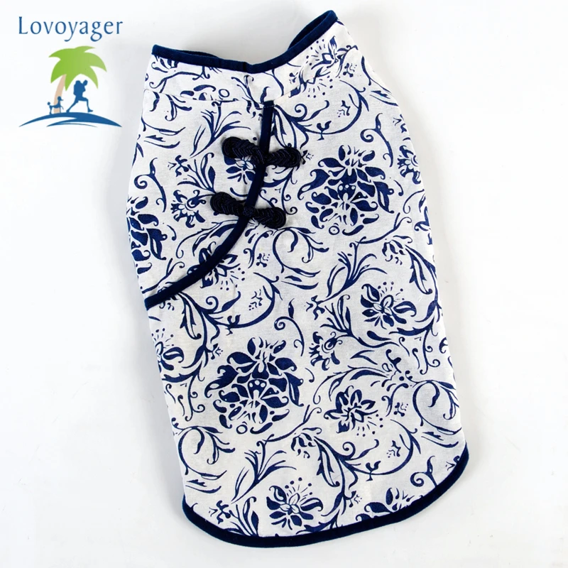 Модная одежда для собак и кошек сине-белая фарфоровая Китайская Чонсам жилет без