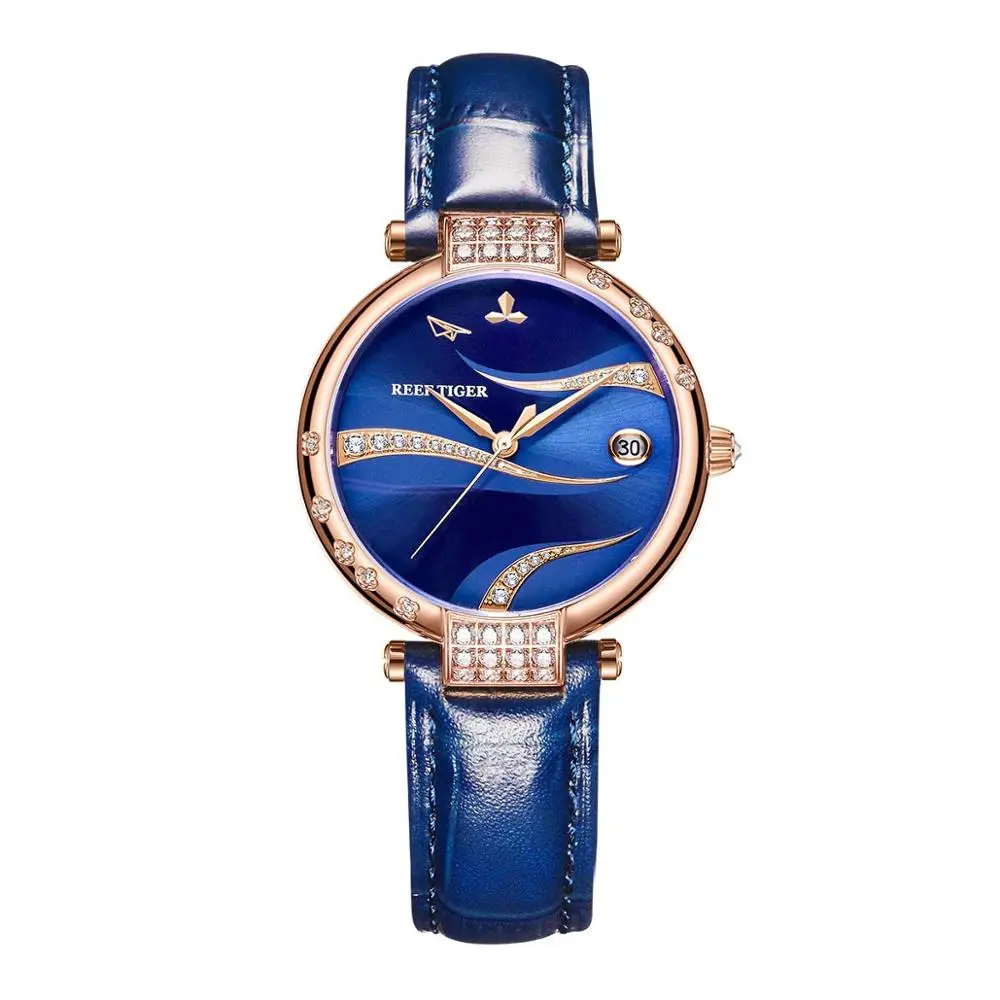 Reef Tiger/RT New Arrival Women Fashion Watch Blue Dial Automatic Diamonds Rose Gold Case Leather Buckle RGA1589