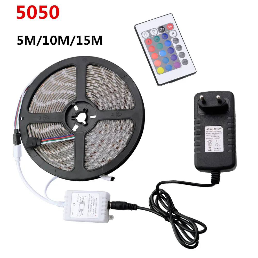 5 м 10 15 Светодиодная лента SMD5050 RGB Гибкая Фея Рождество свет + адаптер питания пульт