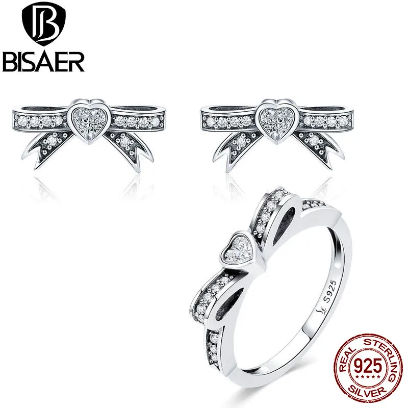 BISAER, 925 пробы, серебряные ювелирные наборы, модные, с бантом, любовь, кольцо и серьги-гвоздики для женщин, свадьба, Стерлинговое Серебро, 925 ювелирные изделия