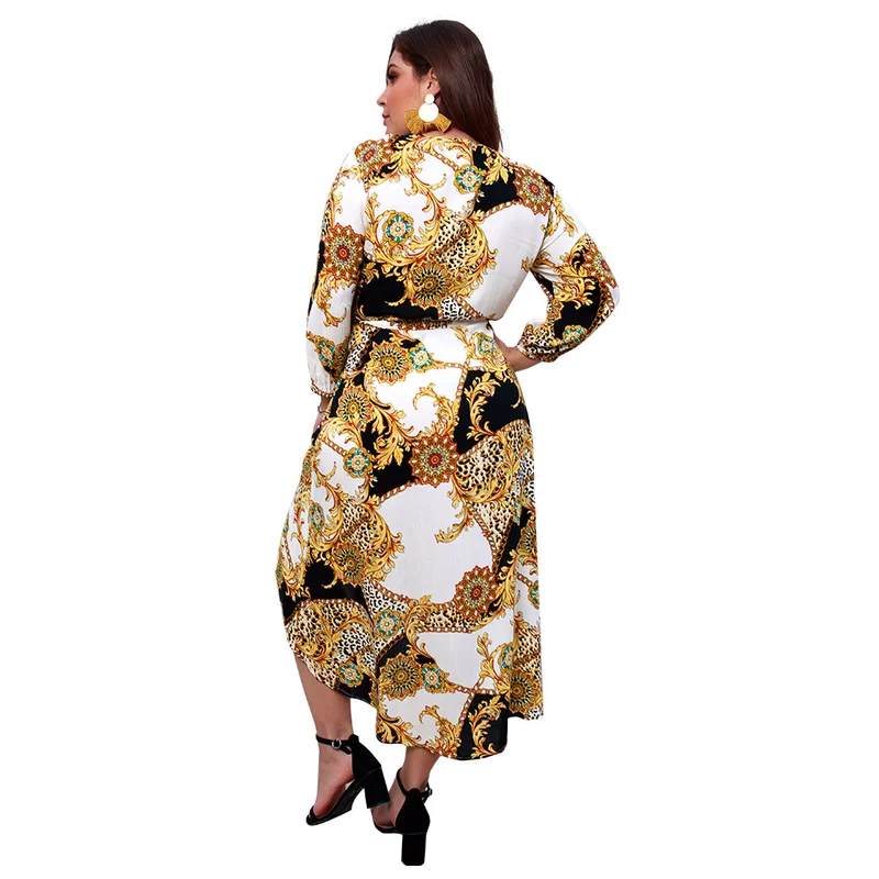 Women Dress Plus Size Fat Mm Large Spring Summer Nine-point Sleeve V-neck Print Lace Up A-line Midi Vestidos Office | Женская одежда