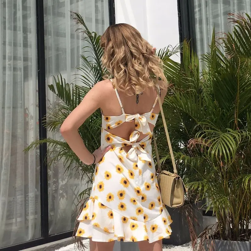 2019 без рукавов Секс Спагетти ремень пляж Цветочные рюшами Танк Мини повседневное