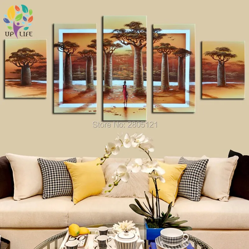 

Ручная роспись комбинированная картина желтая абстрактная картина река пейзаж вид огромное дерево холст настенная живопись 5 шт./компл. Дек...