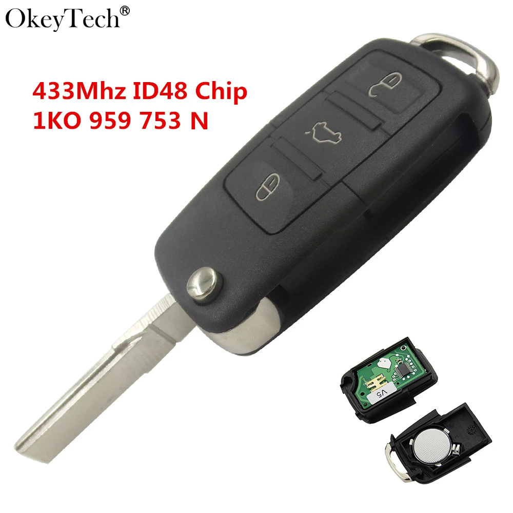 Okeytech складной Автомобильный ключ Romote с 3 кнопками 434 МГц чип ID48 для VW Volkswagen Caddy Golf